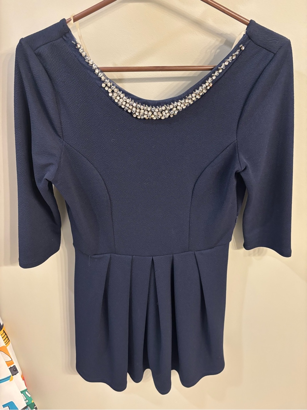 Beaded Navy Midi Dress with Pleated Skirt